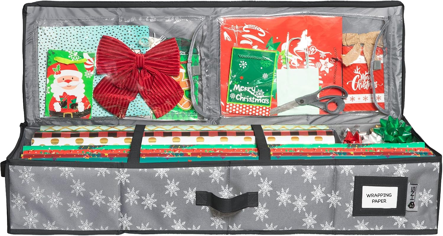 HOLDN' STORAGE Premium Wrapping Paper Storage Container - Durable 600D Tear-Proof. Fits 27 Rolls Gift Wrap. Extra Pockets for Ribbons & Bows. Underbed Storage - Ideal for Holiday Christmas. Grey/White Snowflakes - Image 9