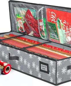 HOLDN' STORAGE Premium Wrapping Paper Storage Container - Durable 600D Tear-Proof. Fits 27 Rolls Gift Wrap. Extra Pockets for Ribbons & Bows. Underbed Storage - Ideal for Holiday Christmas. Grey/White Snowflakes