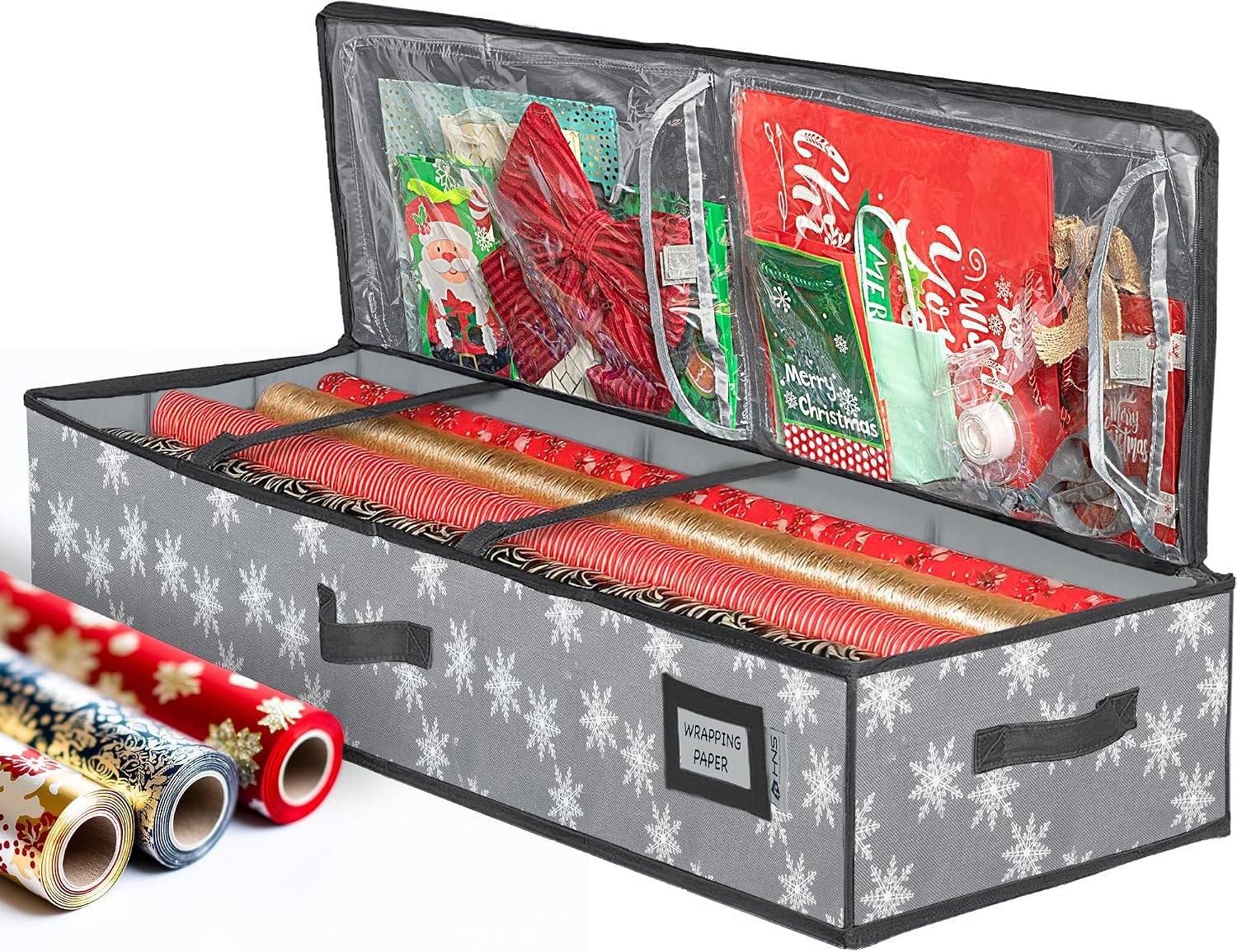 HOLDN' STORAGE Premium Wrapping Paper Storage Container - Durable 600D Tear-Proof. Fits 27 Rolls Gift Wrap. Extra Pockets for Ribbons & Bows. Underbed Storage - Ideal for Holiday Christmas. Grey/White Snowflakes
